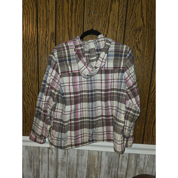 Women's Christopher & Banks Plaid Button Down Shirt L Brown Pink - Picture 3 of 5